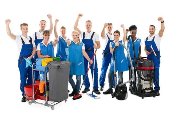 Portrait of happy multiethnic janitors with arms raised holding cleaning equipment against white background