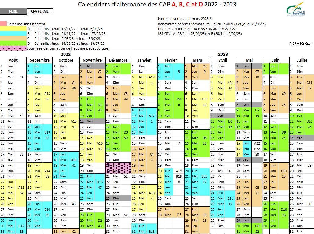 Calendriers d'alternance apprentissage 2022-2023 - CFA du Pays de