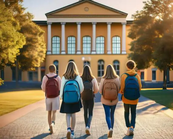 Adolescents qui marchent de dos vers une école